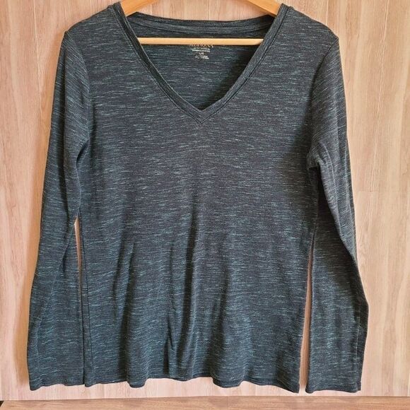 Merona Teal Stripe Long Sleeve Shirt L – Cotton V-Neck, Heathered Knit Tee - Picture 1 of 7